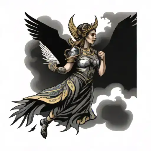 A Valkyrie Floating With Hand Extended With Stormy Skies Behind Her