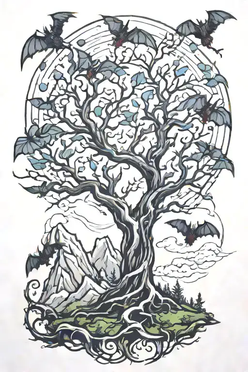 Posion Tree With Bats Flying Around With Mountains