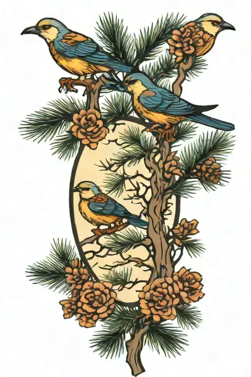 Pine Tree With 3 Birds
