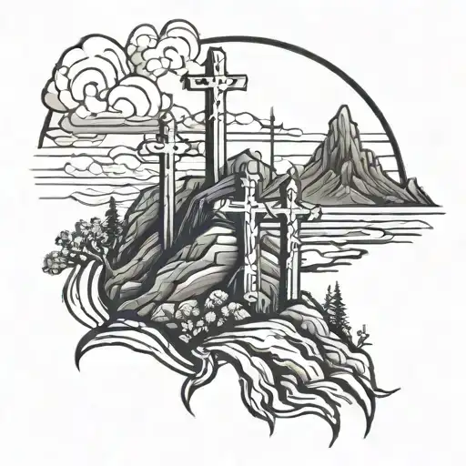 3 Crosses At The Top Of A Mountain Landscape