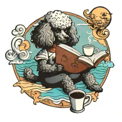 A Poodle Reading A Book With A Cup Of Coffee On The Beach