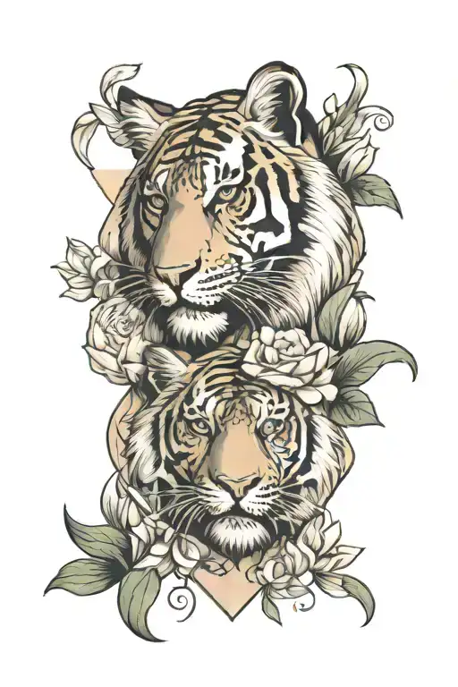 Tiger With Roses And Lilies Half Geo Symteric Shapes