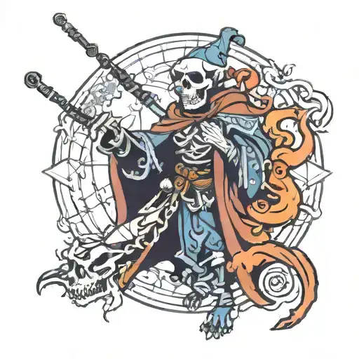 Skeleton Mage Pointing A Staff At Dragons