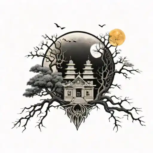 The Full Moon And The Temple With Tree Made