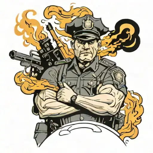 Policeman On Fire By A Man Who Where Full Face And Keeps In Hands The Light Of Zeus