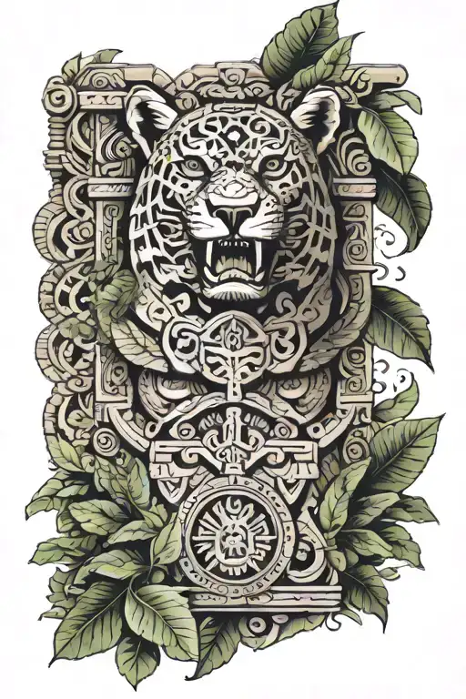 Aztec Temple With A Large Jaguar Body On Top With Leaves And Nature Around