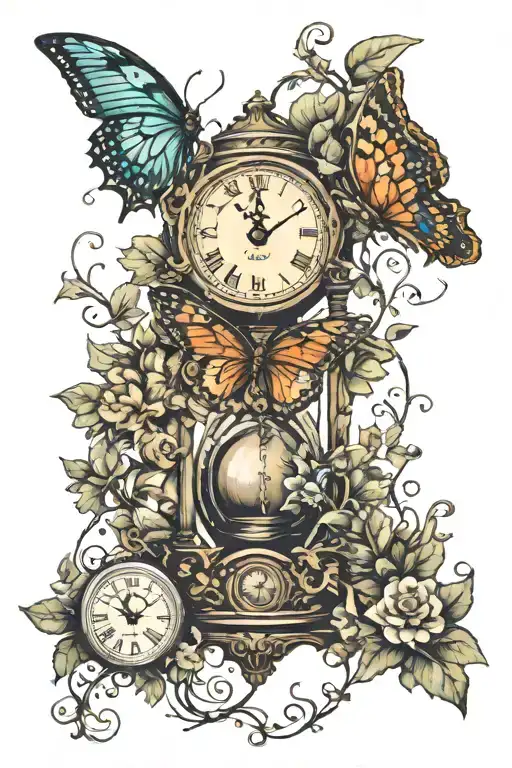 Hourglass Filled Butterfly Birds Wrapped With Ivy Vines And A Clock