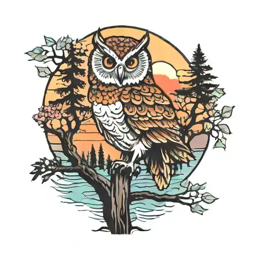 Owl And Trees Colors Sunset Over Lake