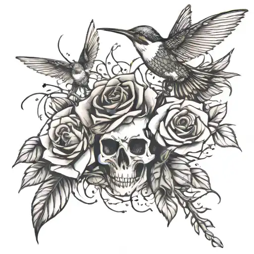 Whole Arm Tattoo Thorn Branch With Roses Skulls And A Hummingbird With A Nest And Eggs