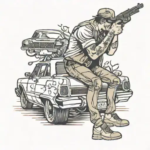 Man Shoots Pistol With Both Hands From Behind Car Standing On Right Knee Rear View