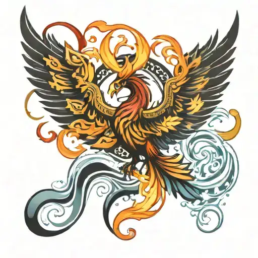 Phoenix With Water And Fire Element Tattoo Design