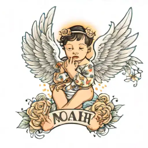 Angel Wings Spread Wide With Baby Feet And The Name Noah