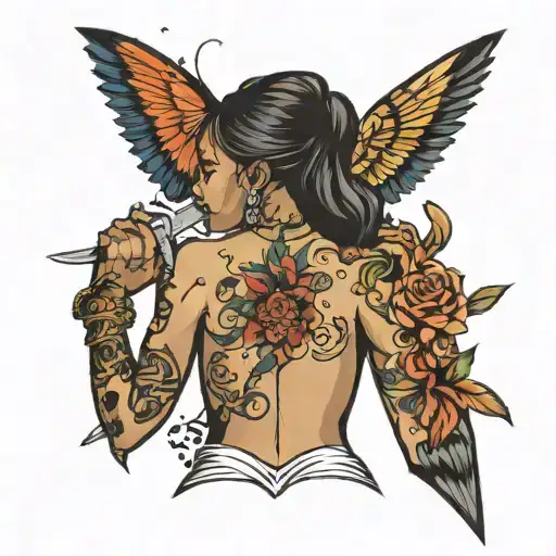 Black Women Sexy Back Facing Holding Knife Surrounded