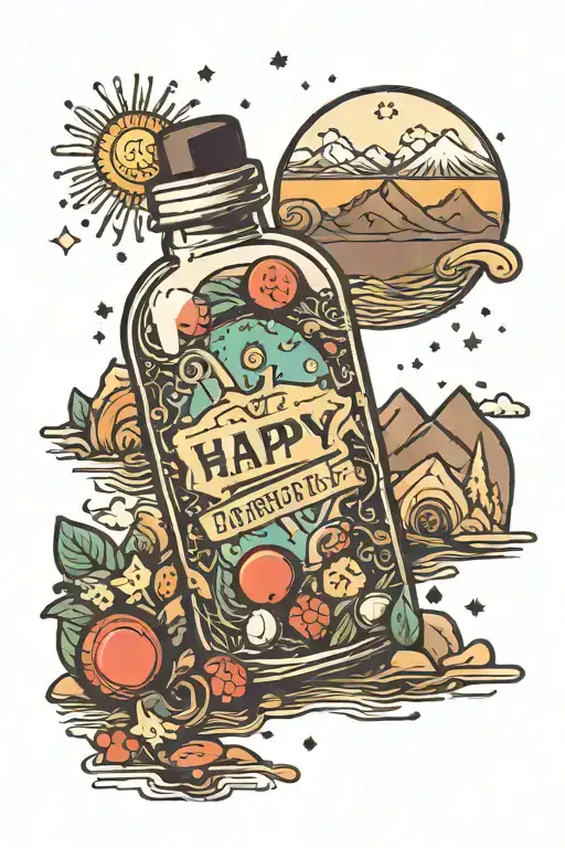 Medicine Bottle Labeled Happy Pills Symbolizing Depression With Stars And Mountain Scenery