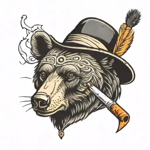 Black Bear Head With Cigarette And Wear Old Hat