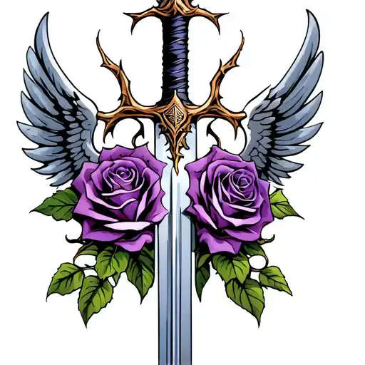 Purple Roses With Thorns Weave Upon A Sword With Wings Coming Off The Sword