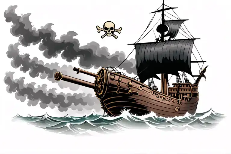 Pirate Ship In The Storm Firing Broadside Cannons With A Ghostly Skull And Cross Bones Above