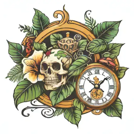 Time Clock With Skull With Monstera Leaves