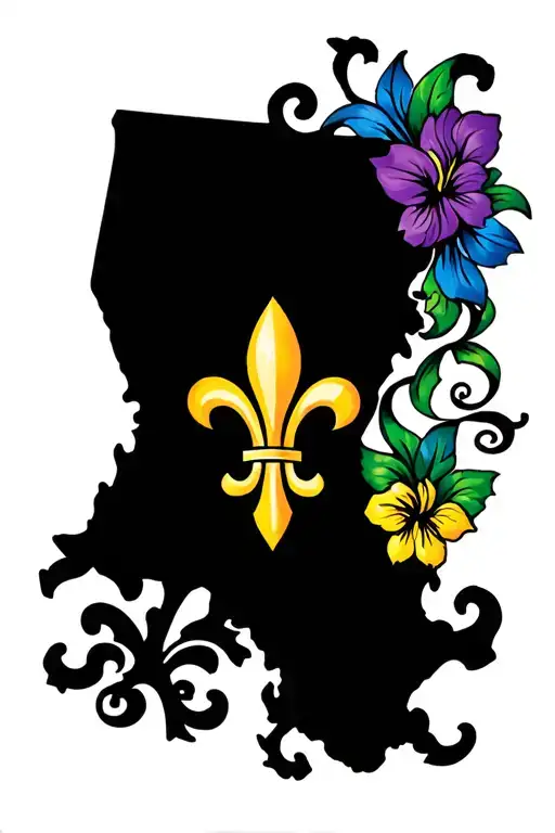 An Outline Of Louisiana With A Fleur De Lis Inside In Mardi Gras Colours