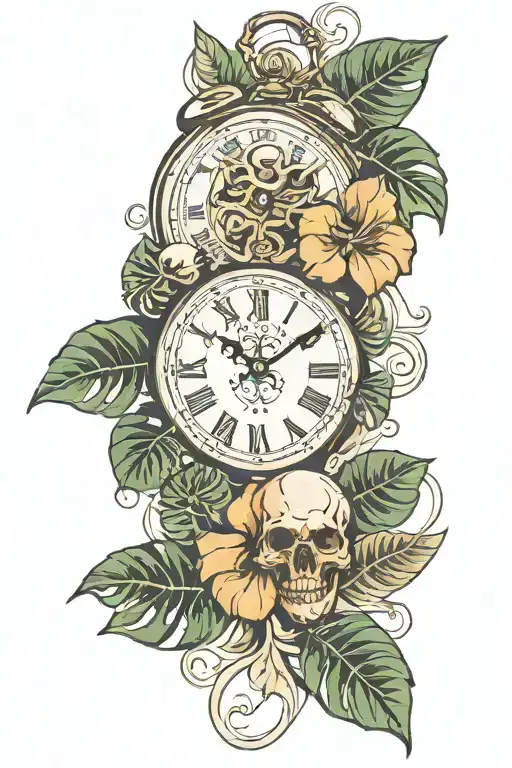 Skulls Clock And Monstera Leaves