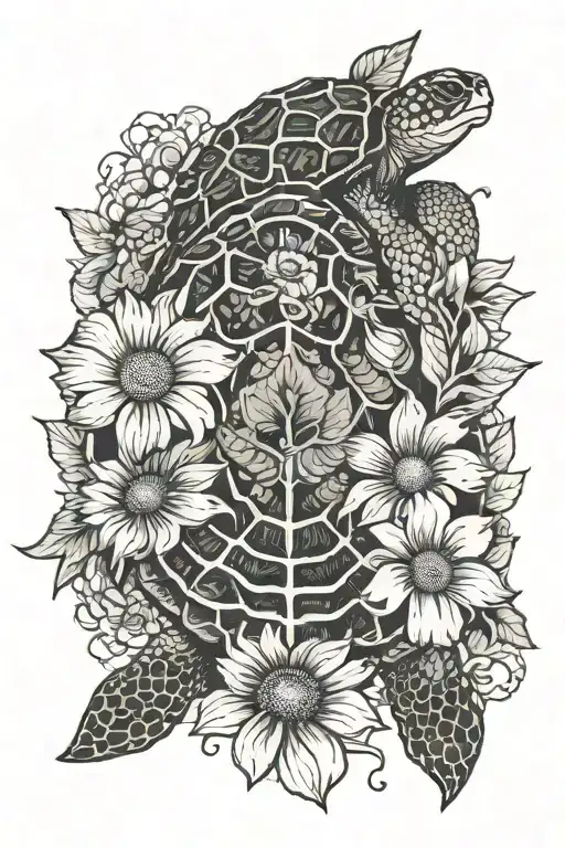 Turtle With Sunflowers And Hibiscus Flower