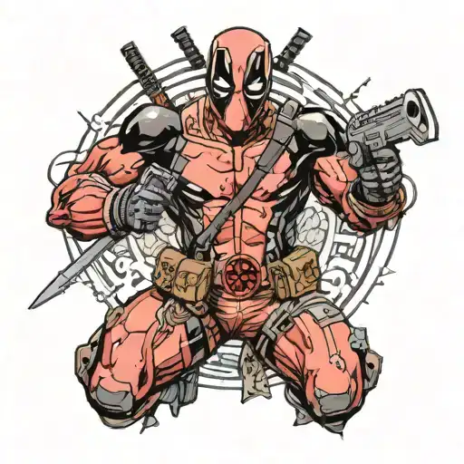 Deadpool Holding A Batarang With Venom Behind Him