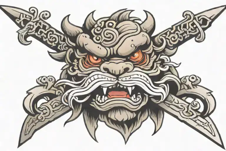 Fu Dog Head With Sword In Mouth