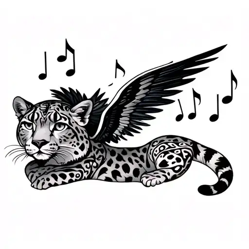 A Snow Leopard With Wings Made Of Musical Notes Flying Towards A New Light