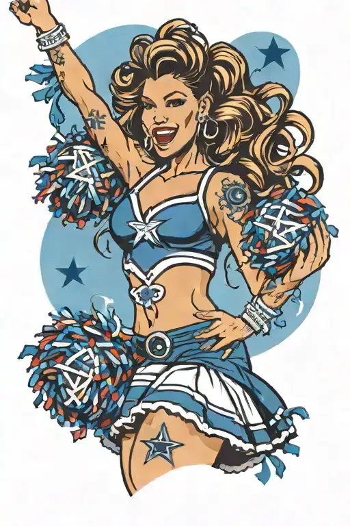 A Curvy Dallas Cowboys Cheerleader Cheering With Pom Poms And Light Blue Water Color Background