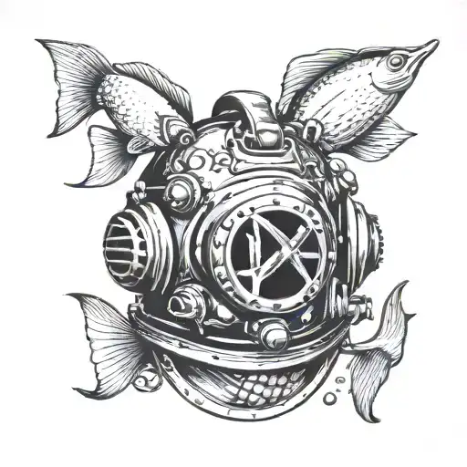 Vintage Diver Helmet With Fish Around It