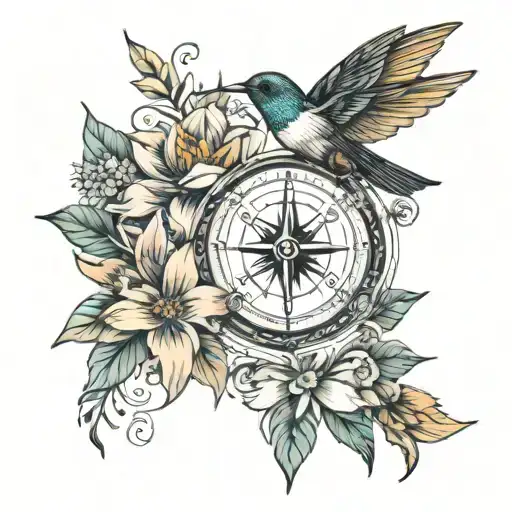 Feminin Boho Tattoo With Compass Flowers Hummingbird And Sun
