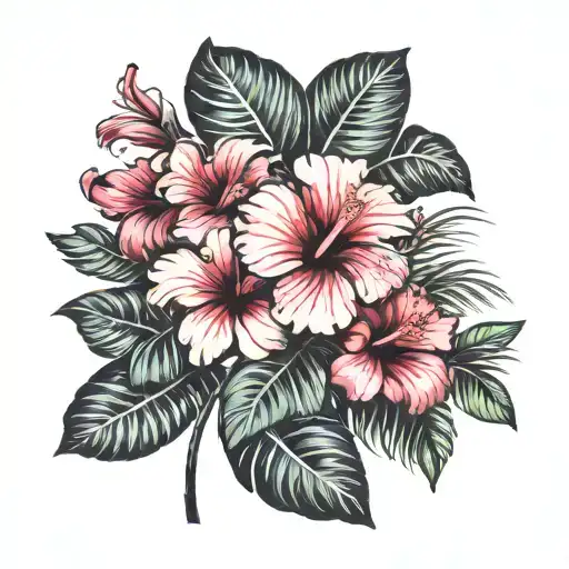 Hibiscus Flower And Palm Tree