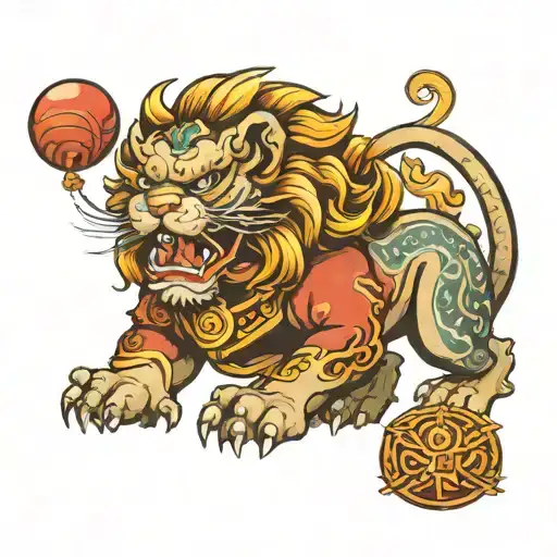 Tattoo Chinese Guardian Lion Holding A Ball