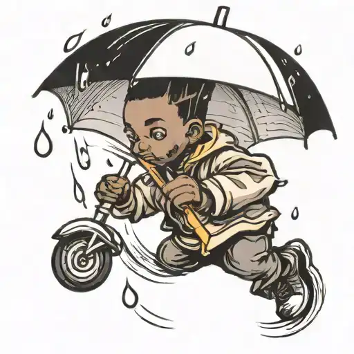 Black Kid With Umbrella With Rain Falling