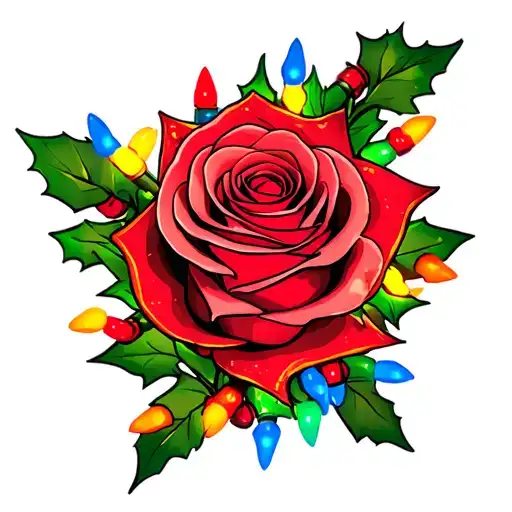 Rose With Stem With Christmas Lights Around Stem