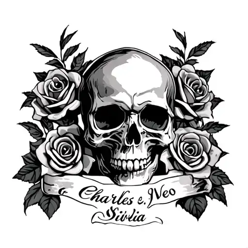 Skull And Roses With Tombstone Name Written Charles P Silvia
