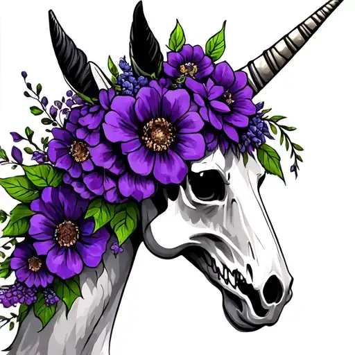 Unicorn Skull With Purple Flowers