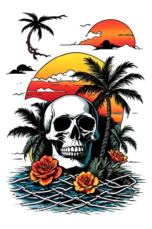 Sunset Beach Skull Surrounded Chain Link