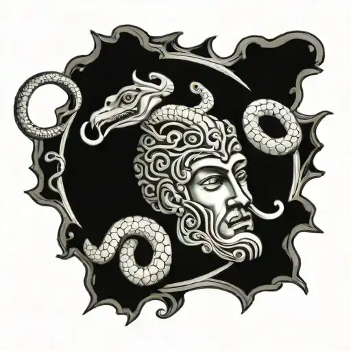 Nusto Of The God Apollo As If Carved In Wood And With A Snake Crawling Around His Face