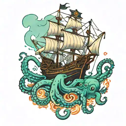 Full Color Octopus Sinking Small Pirate Ship
