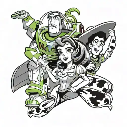 Beauty And The Best Bell Looking Into Mirror With Woody And Buzz Lightyear