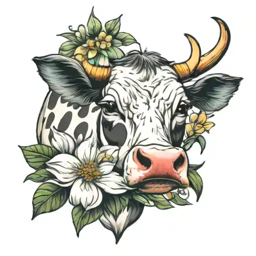 Cow With Magnolia And Daisy Flowers