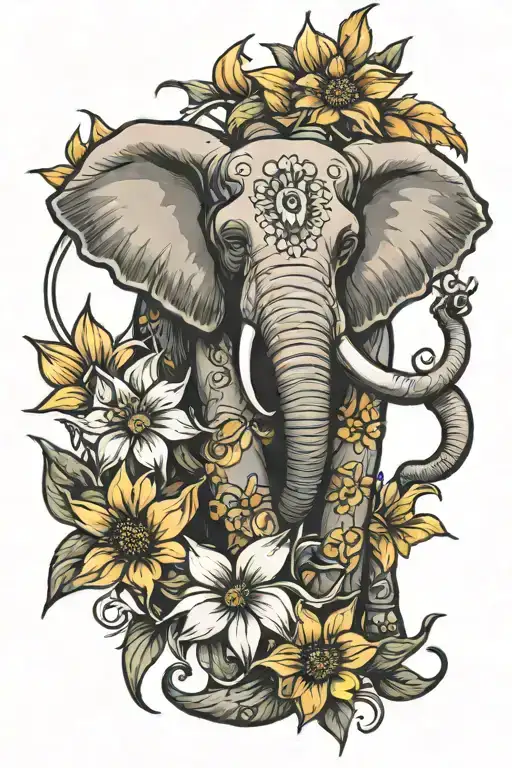 Elephant With Lily And Sunflower Intertwined