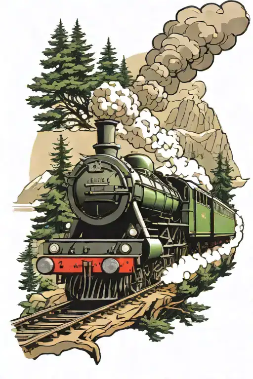 Flying Scotsman Steam Train Surrounded By Pine Trees With Mountain In The Distance