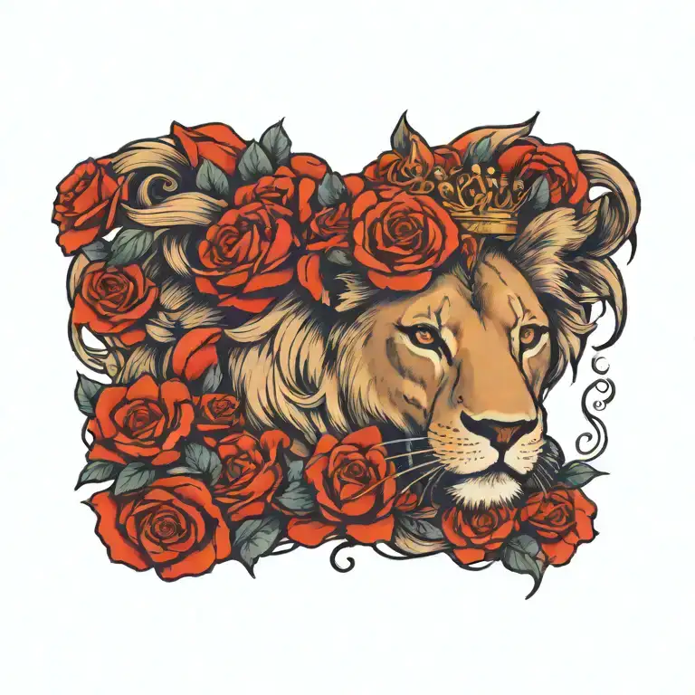 Female Lion With A Crown With Cascading Roses