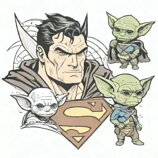 Superman And Batman And Baby Yoda Realism Black And White Realism
