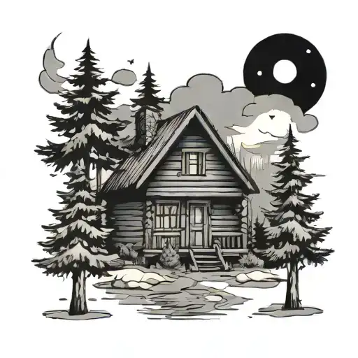 Cabin With Fur Trees In Background Black
