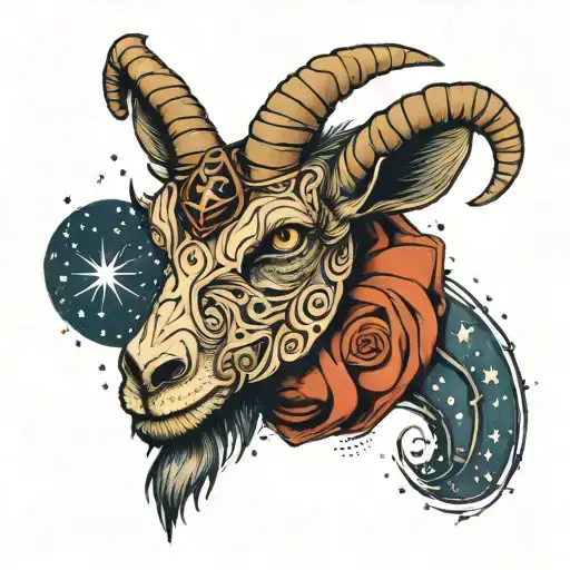 A Mystical Tattoo Of A Capricorn Goat Wrapped In Bandages Like A Mummy Under A Starry Night Sky