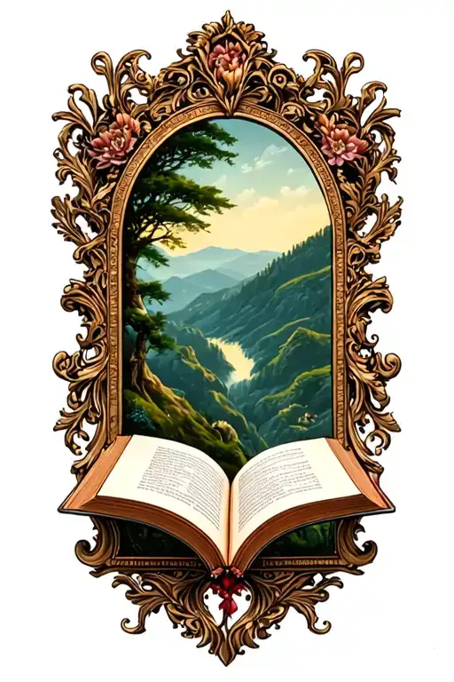 Open Book Below Hillside Baroque Frame