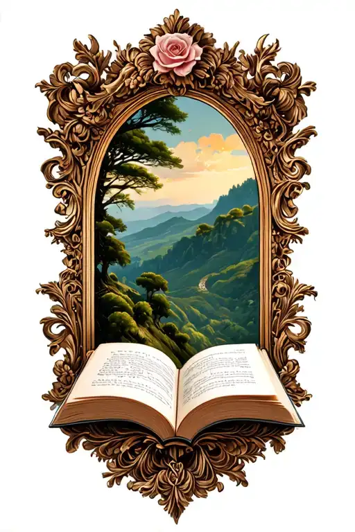 Open Book Below Hillside Baroque Frame